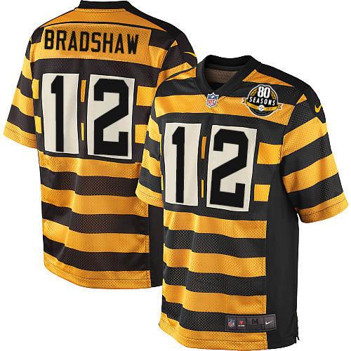 Men's Nike Pittsburgh Steelers #12 Terry Bradshaw Elite Yellow/Black Alternate 80TH Anniversary Throwback NFL Jersey