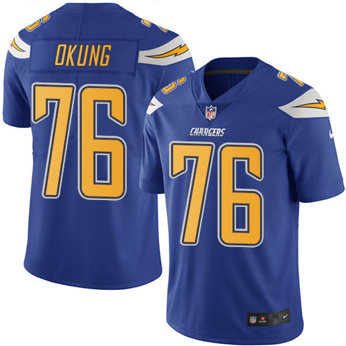 Men's Nike Los Angeles Chargers #76 Russell Okung Elite Electric Blue Rush Vapor Untouchable NFL Jersey