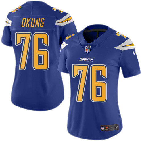 Women's Nike Los Angeles Chargers #76 Russell Okung Limited Electric Blue Rush Vapor Untouchable NFL Jersey