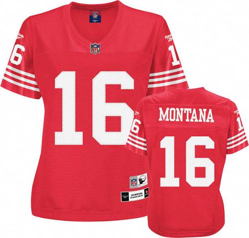 Reebok San Francisco 49ers #16 Joe Montana Red Women's Throwback Team Color Premier EQT NFL Jersey