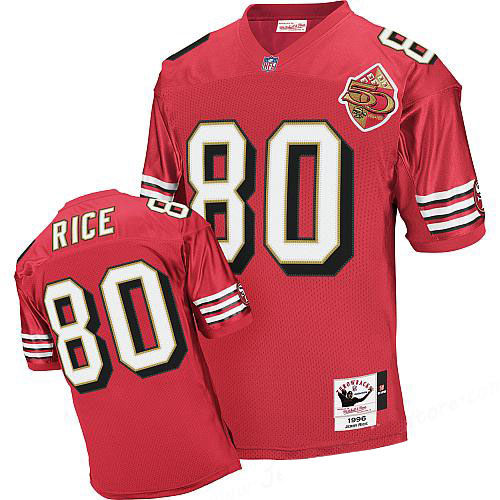 Mitchell And Ness San Francisco 49ers #80 Jerry Rice Authentic Red Team Color 50TH Patch 1996 Throwback NFL Jersey