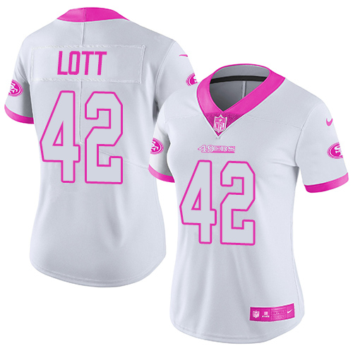Women's Nike San Francisco 49ers #42 Ronnie Lott Limited White/Pink Rush Fashion NFL Jersey