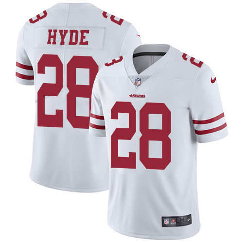 Men's Nike San Francisco 49ers #28 Carlos Hyde White Vapor Untouchable Limited Player NFL Jersey