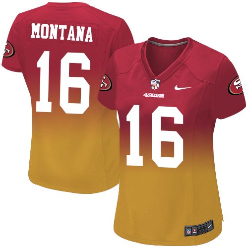 Women's Nike San Francisco 49ers #16 Joe Montana Elite Red/Gold Fadeaway NFL Jersey