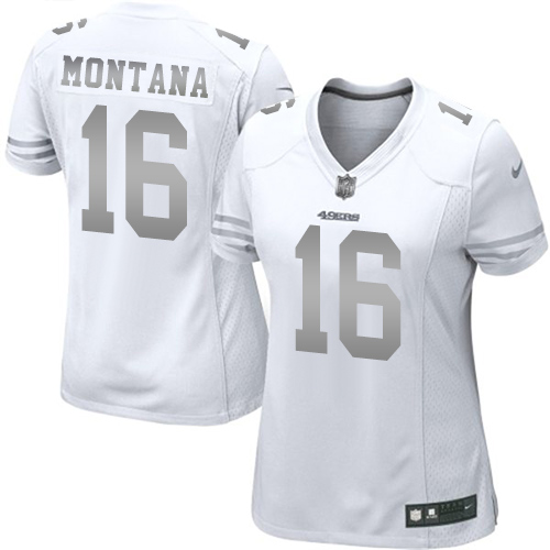 Women's Nike San Francisco 49ers #16 Joe Montana Limited White Platinum NFL Jersey