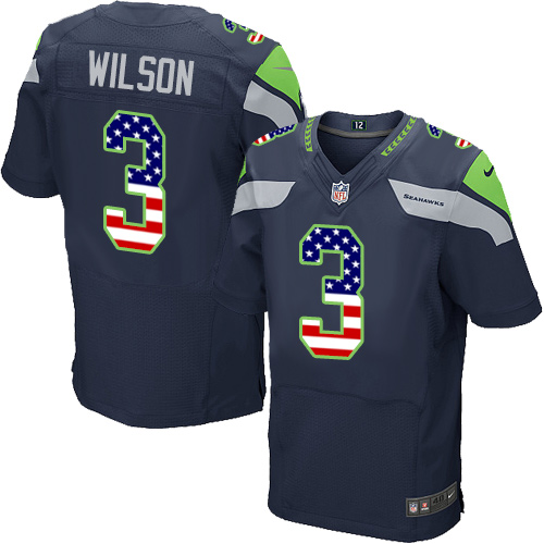 Men's Nike Seattle Seahawks #3 Russell Wilson Elite Navy Blue Home USA Flag Fashion NFL Jersey