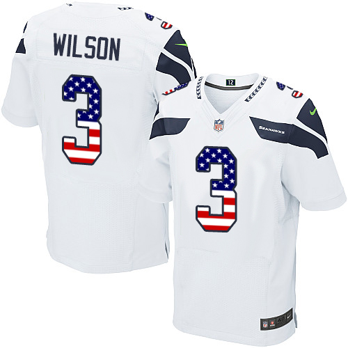 Men's Nike Seattle Seahawks #3 Russell Wilson Elite White Road USA Flag Fashion NFL Jersey
