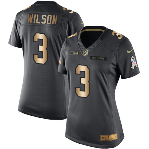 Women's Nike Seattle Seahawks #3 Russell Wilson Limited Black/Gold Salute to Service NFL Jersey