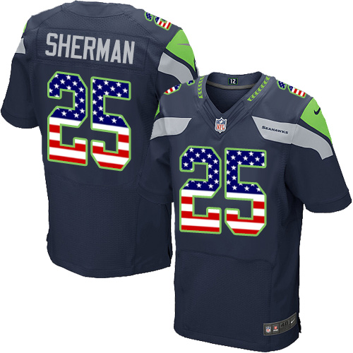 Men's Nike Seattle Seahawks #25 Richard Sherman Elite Navy Blue Home USA Flag Fashion NFL Jersey