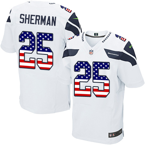 Men's Nike Seattle Seahawks #25 Richard Sherman Elite White Road USA Flag Fashion NFL Jersey