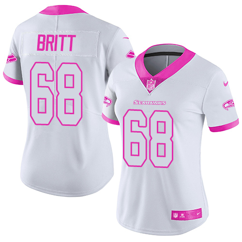 Women's Nike Seattle Seahawks #68 Justin Britt Limited White/Pink Rush Fashion NFL Jersey