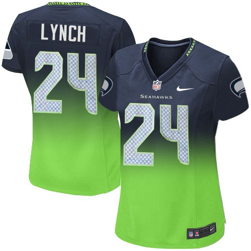 Women's Nike Seattle Seahawks #24 Marshawn Lynch Elite Navy/Green Fadeaway NFL Jersey