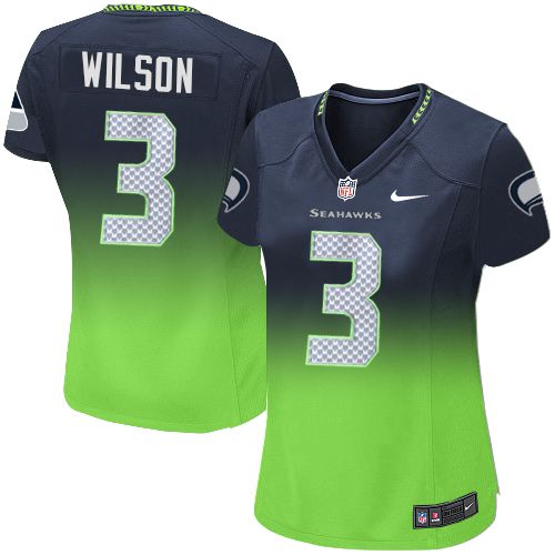 Women's Nike Seattle Seahawks #3 Russell Wilson Elite Navy/Green Fadeaway NFL Jersey