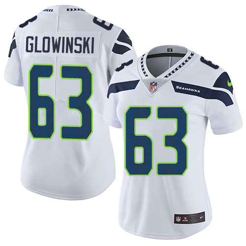 Women's Nike Seattle Seahawks #63 Mark Glowinski White Vapor Untouchable Elite Player NFL Jersey