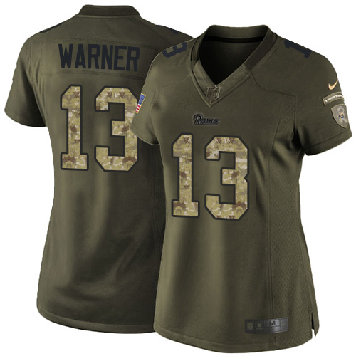 Women's Nike Los Angeles Rams #13 Kurt Warner Elite Green Salute to Service NFL Jersey