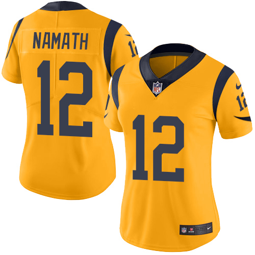 Women's Nike Los Angeles Rams #12 Joe Namath Limited Gold Rush Vapor Untouchable NFL Jersey