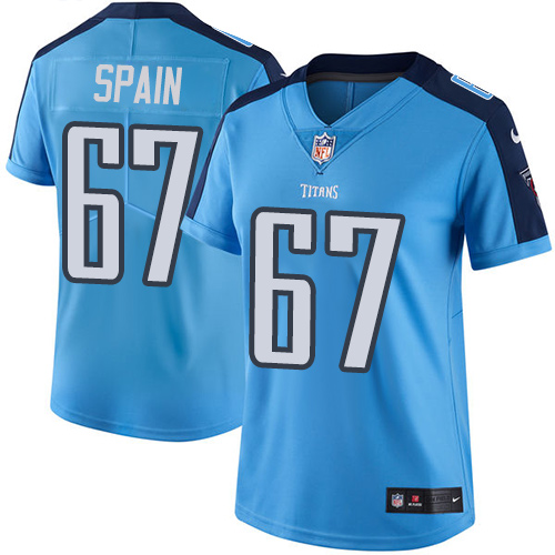 Women's Nike Tennessee Titans #67 Quinton Spain Limited Light Blue Rush Vapor Untouchable NFL Jersey
