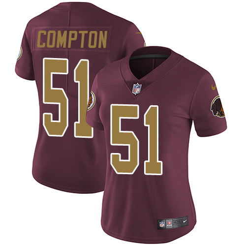 Women's Nike Washington Redskins #51 Will Compton Burgundy Red/Gold Number Alternate 80TH Anniversary Vapor Untouchable Elite Player NFL Jersey