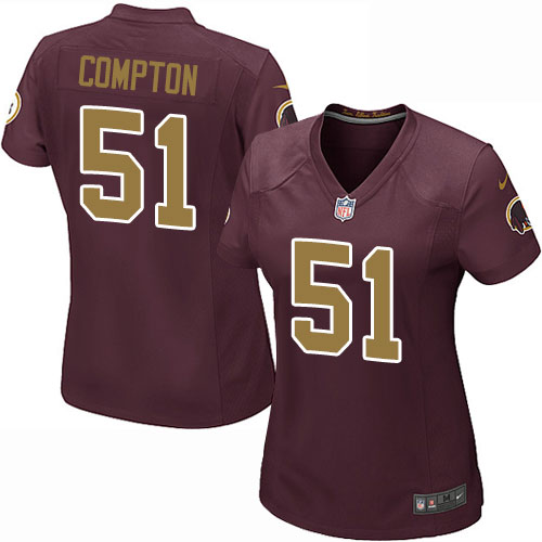 Women's Nike Washington Redskins #51 Will Compton Game Burgundy Red/Gold Number Alternate 80TH Anniversary NFL Jersey
