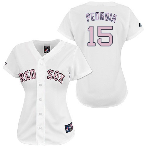 Women's Majestic Boston Red Sox #15 Dustin Pedroia Authentic White/Pink No. MLB Jersey