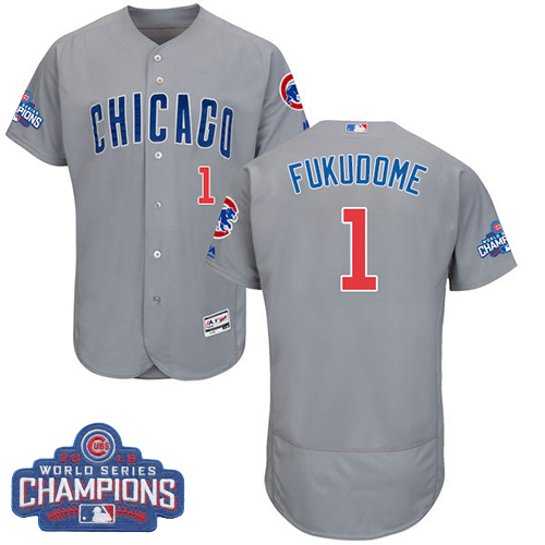 Men's Majestic Chicago Cubs #1 Kosuke Fukudome Grey 2016 World Series Champions Flexbase Authentic Collection MLB Jersey