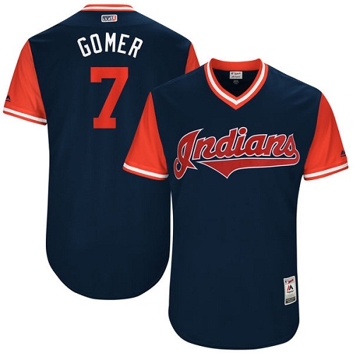 Men's Majestic Cleveland Indians #7 Yan Gomes "Gomer" Authentic Navy Blue 2017 Players Weekend MLB Jersey