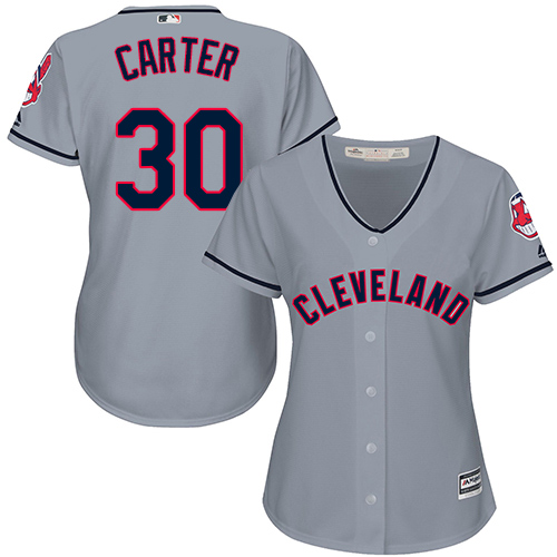 Women's Majestic Cleveland Indians #30 Joe Carter Replica Grey Road Cool Base MLB Jersey