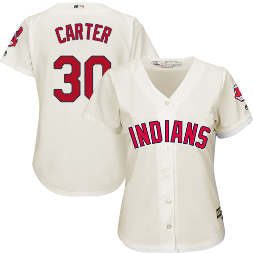 Women's Majestic Cleveland Indians #30 Joe Carter Replica Cream Alternate 2 Cool Base MLB Jersey