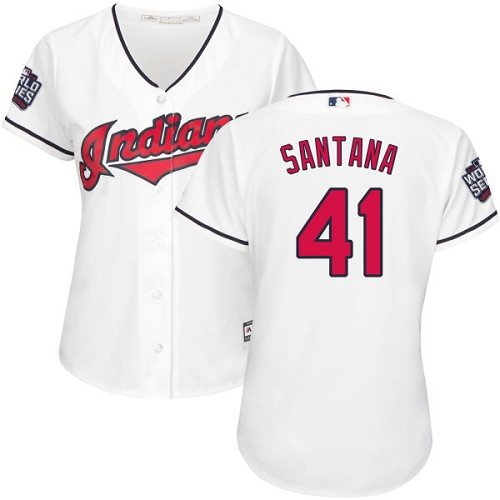 Women's Majestic Cleveland Indians #41 Carlos Santana Authentic White Home 2016 World Series Bound Cool Base MLB Jersey