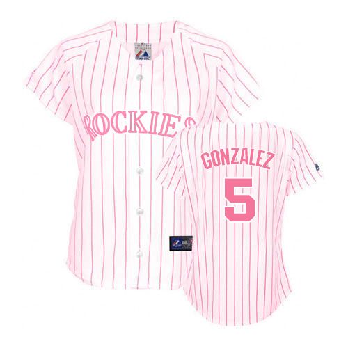 Women's Majestic Colorado Rockies #5 Carlos Gonzalez Authentic White(Pink Strip) Fashion MLB Jersey