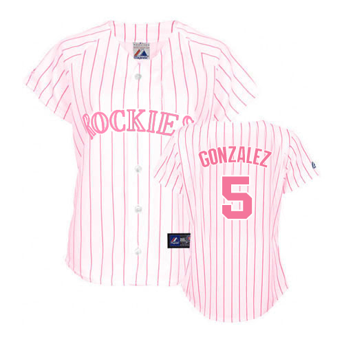 Women's Majestic Colorado Rockies #5 Carlos Gonzalez Replica White(Pink Strip) Fashion MLB Jersey