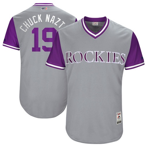 Men's Majestic Colorado Rockies #19 Charlie Blackmon "Chuck Nazty" Authentic Gray 2017 Players Weekend MLB Jersey