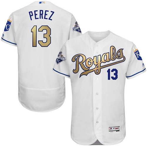 Men's Majestic Kansas City Royals #13 Salvador Perez Authentic White 2015 World Series Champions Gold Program FlexBase MLB Jersey