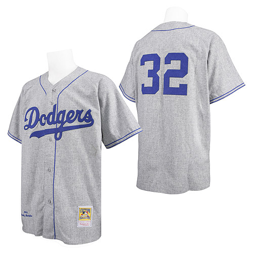 Men's Mitchell and Ness Los Angeles Dodgers #32 Sandy Koufax Replica Grey Throwback MLB Jersey