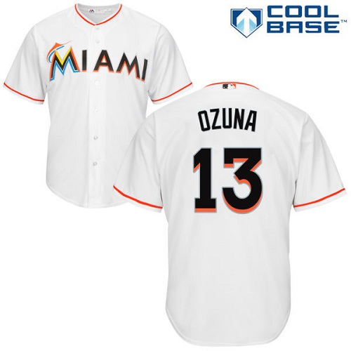 Youth Majestic Miami Marlins #13 Marcell Ozuna Authentic White Home Cool Base MLB Jersey