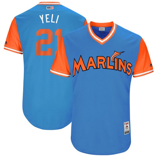 Men's Majestic Miami Marlins #21 Christian Yelich "Yeli" Authentic Blue 2017 Players Weekend MLB Jersey