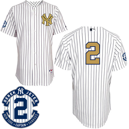 Men's Majestic New York Yankees #2 Derek Jeter Authentic White Fashion Gold w/Commemorative Retirement Patch MLB Jersey