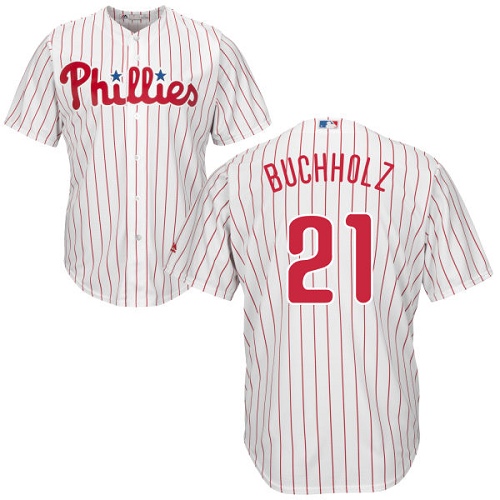 Youth Majestic Philadelphia Phillies #21 Clay Buchholz Replica White/Red Strip Home Cool Base MLB Jersey