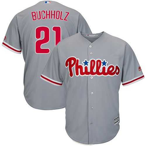 Youth Majestic Philadelphia Phillies #21 Clay Buchholz Replica Grey Road Cool Base MLB Jersey