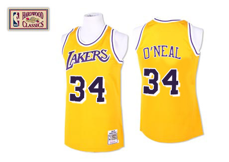 Men's Mitchell and Ness Los Angeles Lakers #34 Shaquille O'Neal Authentic Gold Throwback NBA Jersey