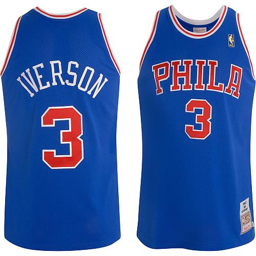 Men's Mitchell and Ness Philadelphia 76ers #3 Allen Iverson Authentic Blue Throwback NBA Jersey