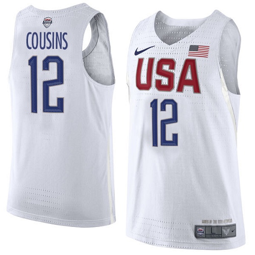 Men's Nike Team USA #12 DeMarcus Cousins Authentic White 2016 Olympics Basketball Jersey