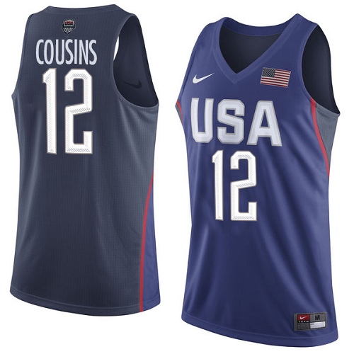 Men's Nike Team USA #12 DeMarcus Cousins Authentic Navy Blue 2016 Olympics Basketball Jersey