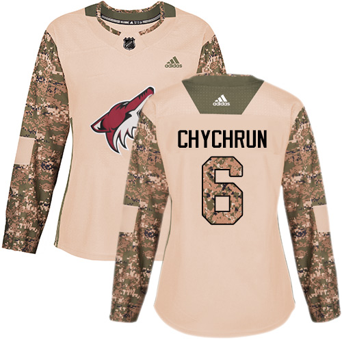 Women's Adidas Arizona Coyotes #6 Jakob Chychrun Authentic Camo Veterans Day Practice NHL Jersey