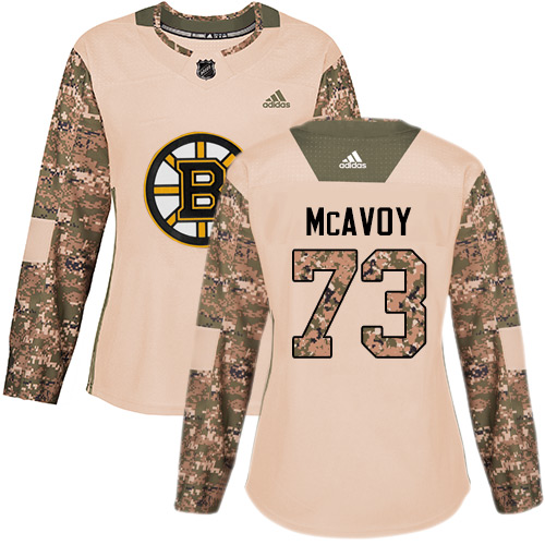Women's Adidas Boston Bruins #73 Charlie McAvoy Authentic Camo Veterans Day Practice NHL Jersey