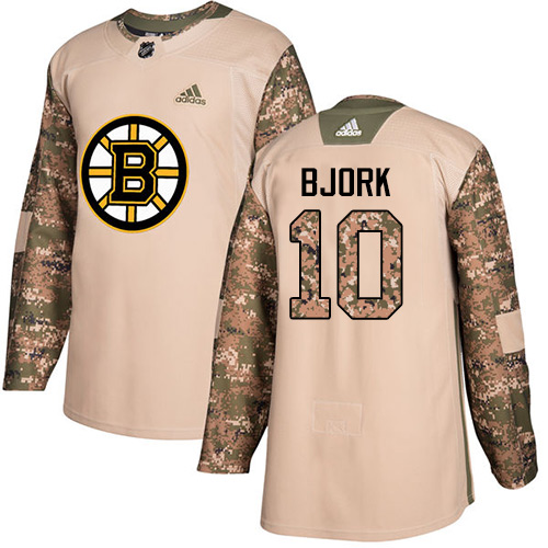 Men's Adidas Boston Bruins #10 Anders Bjork Authentic Camo Veterans Day Practice NHL Jersey