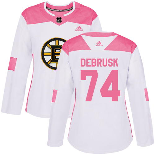 Women's Adidas Boston Bruins #74 Jake DeBrusk Authentic White/Pink Fashion NHL Jersey
