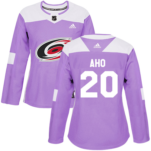 Women's Adidas Carolina Hurricanes #20 Sebastian Aho Authentic Purple Fights Cancer Practice NHL Jersey