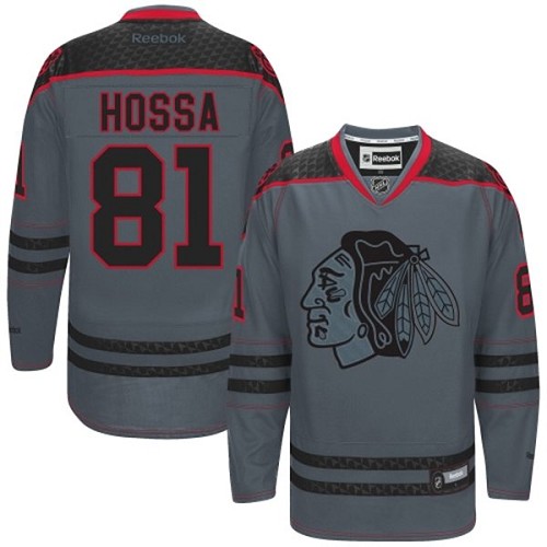 Men's Reebok Chicago Blackhawks #81 Marian Hossa Premier Charcoal Cross Check Fashion NHL Jersey