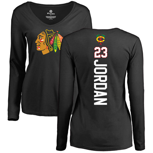 NHL Women's Adidas Chicago Blackhawks #23 Michael Jordan Black Backer Long Sleeve T-Shirt